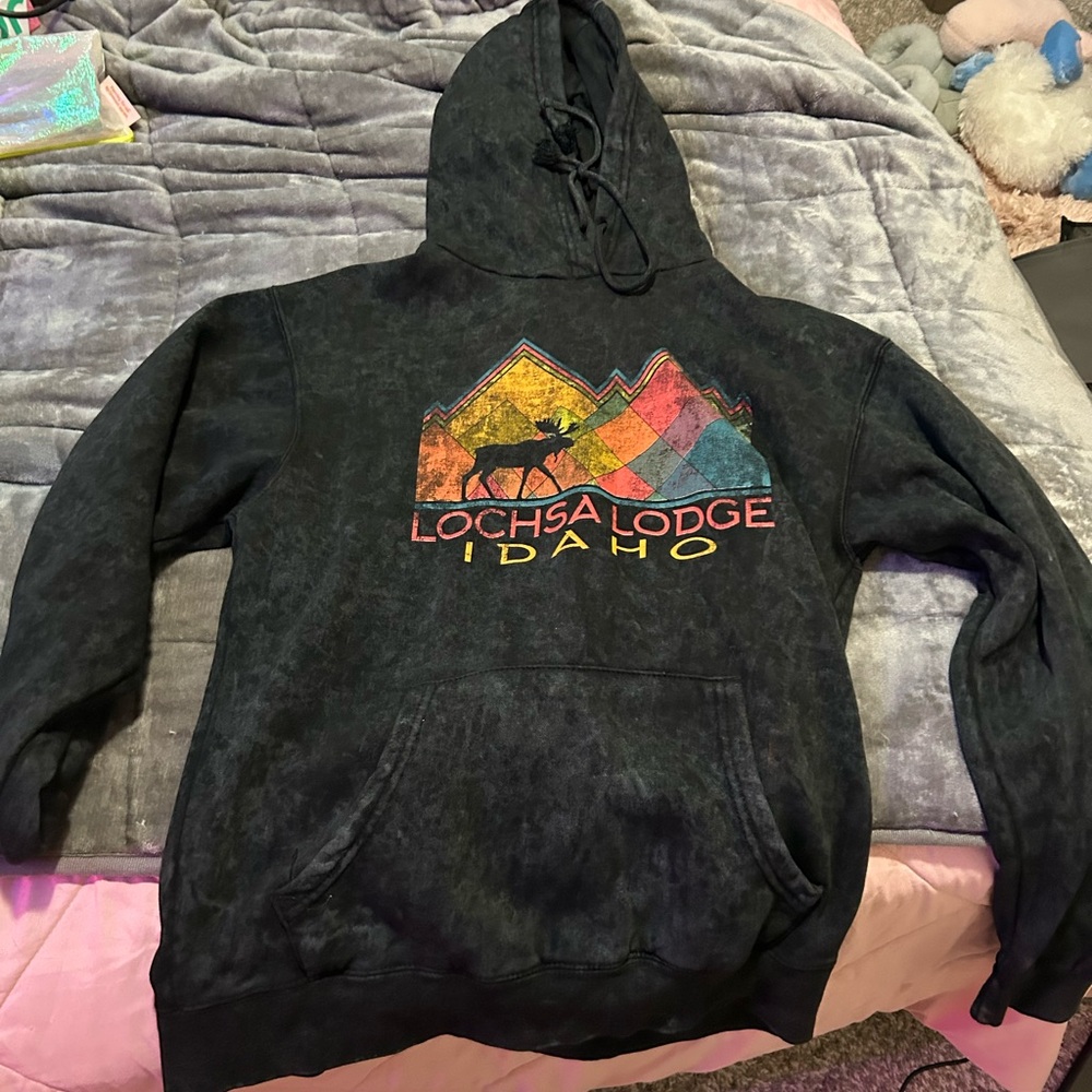 Black Hoodie with Colorful Mountain Graphic